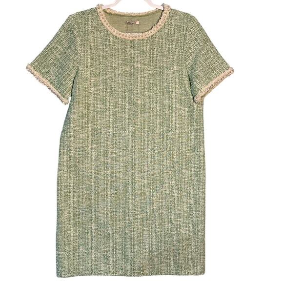 Orsay NWT Sz L Green Metallic Tweed Boucle Dress Pearl Neck & Cuff Royal Duchess - Picture 3 of 16